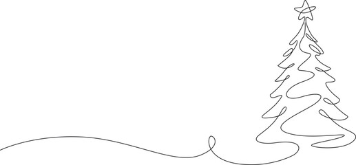 Christmas tree one line drawing. Merry Christmas decoration continuous line. Continuous line drawing of christmas tree with a star.