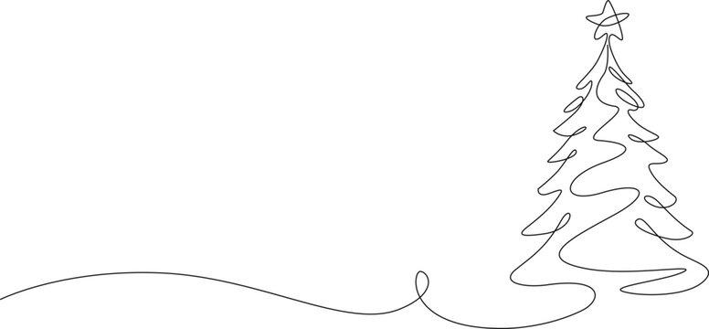Christmas tree one line drawing. Merry Christmas decoration continuous line. Continuous line drawing of christmas tree with a star.