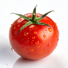 Ripe Red Tomato Covered in Water Droplets on White Background vegetable fruit