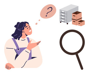 Woman thinking about file organization filing cabinet, cardboard boxes, magnifying glass, and question mark. Ideal for problem-solving, research, organization, search, planning storage and analysis
