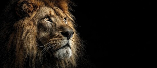 Fototapeta premium Majestic Lion Profile with Golden Mane on Black Background