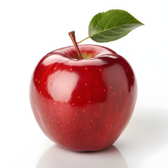 Shiny Red Apple with Green Leaf and Stem on White Background fruit fresh