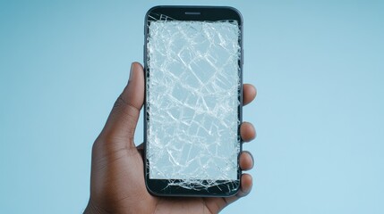 A hand gripping a damaged phone with shattered screen in a bright, minimalist setting, showcasing the fragility of technology today