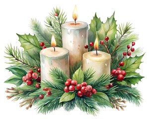 Three lit candles with pine branches and red berries, isolated on white background