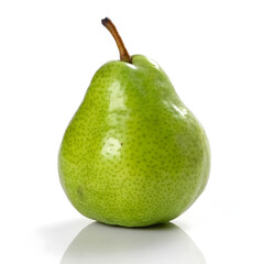 Single green pear with stem and reflection on white background fruit isolated