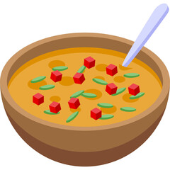 Isometric bowl of hot soup with diced red vegetables and green herbs, a light blue spoon rests inside on a plain background