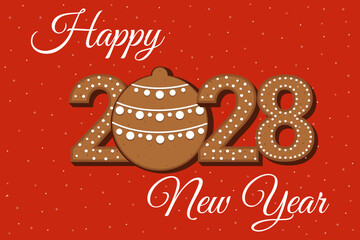 Happy new year 2028 Christmas card. Gingerbread cookies in the form of numbers 2028. Vector illustration.