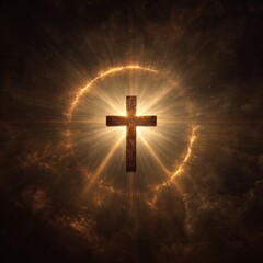 Fototapeta premium Cross surrounded by radiant light in a dramatic celestial background