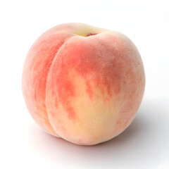 Single Ripe Peach with Fuzzy Skin and Blush on White Background fruit fresh