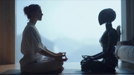 In a tranquil room, a human and a robot meditate face to face, embodying the fusion of technology and mindfulness. Soft natural light enhances the futuristic yet peaceful atmosphere - Powered by Adobe