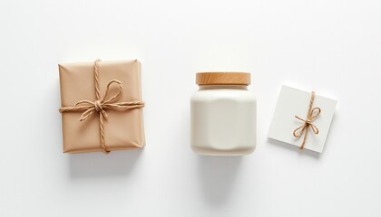 Simple gift items with twine and a jar on a white surface, perfect for a minimalist holiday or special occasion display