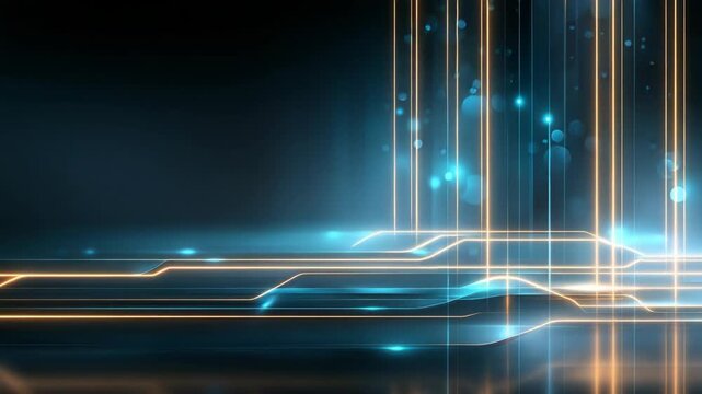 futuristic blue square pattern geometric neon glow light on dark stage black background	
