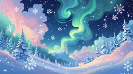 Enchanting winter scene depicting snow covered fir trees and beautiful northern lights