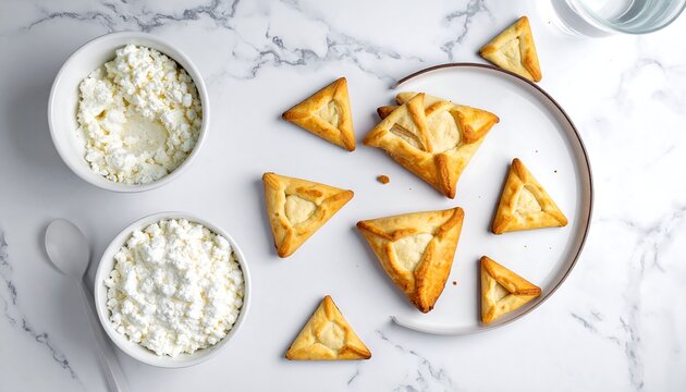 A spread of golden hamantaschen and bowls of fresh cottage cheese on a white marble surface, top down