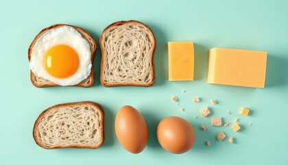 Simple breakfast ingredients overhead shot egg, bread slices, cheese block, and scattered crumbs on clean blue background