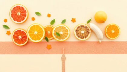 Delicious citrus fruit slices with fresh mint leaves and star shapes on a pastel background, perfect for summer vibes