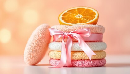 Soft pastel colored face cleaning sponges stacked with a ribbon and orange slice for a skin care beauty product