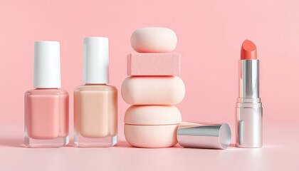 Soft pink arrangement showcasing makeup sponges, nail polish bottles, and a metallic lipstick tube on a pastel backdrop