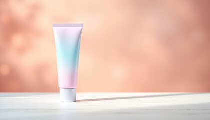 Pastel gradient beauty product tube on light wood with soft focus background suggesting skincare or cosmetic concept