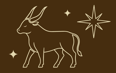 Elegant minimalist Taurus zodiac bull illustration in golden outline on dark brown background with celestial stars, modern astrology inspired artwork symbolizing strength and stability