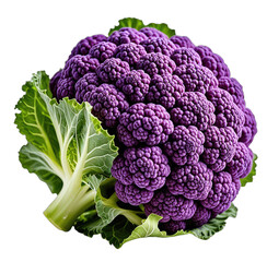 Deep purple cauliflower with green leaves on a black surface