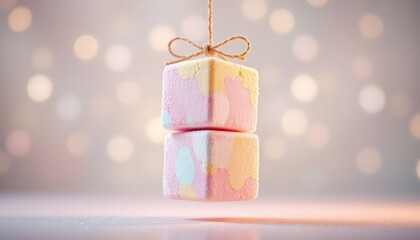 Stacked square sweets suspended with string and bow in a soft, out-of-focus, bokeh lit light pink and white environment