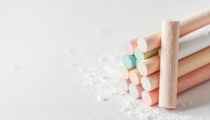 Pastel Colored Chalk Sticks Laying on White Background with Fine Chalk Dust, Great for Creative Learning and Educational Purposes