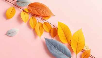 Autumn Leaves on Branch with Pretty Light Pink Background - Seasonal Colors and Minimalist Style