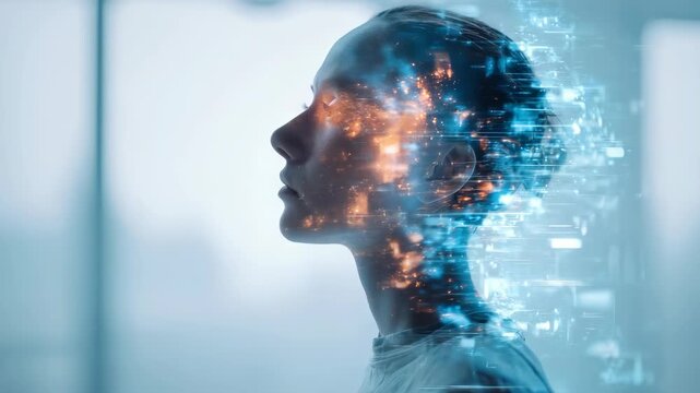 Digital human silhouette merges with vibrant data flows, symbolizing AI integration, technological advancement. Scene evokes innovation, future trends, evolution human machine interaction