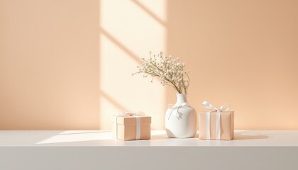 Minimalist still life composition showing gifts and delicate flowers, perfect for celebratory moments and aesthetic design elements