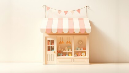 Delicate pastel shop facade featuring an adorable display of charming objects and a festive celebratory garland