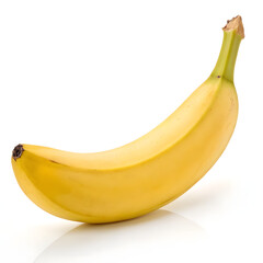 Single Yellow Banana with Stem on a Reflective White Surface fruit food