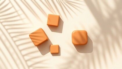 Geometric Layout with Orange Soft Cubes and Overlaying Leaf Shadows for Modern Composition
