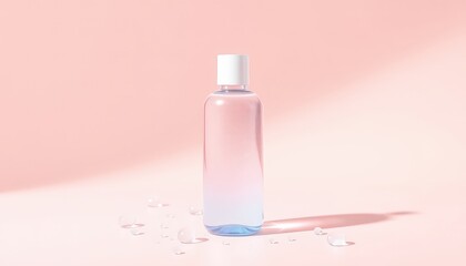 Hydrating essence in a sleek bottle with pastel gradient on a soft pink surface and water droplets scattered near the base