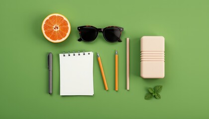 Flat lay of summer accessories, writing implements and citrus fruit on green background, creating a vibrant, fresh and creative composition