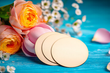Floral Still Life with Round Disks on Turquoise Wood Surface. Mock up promotion information for marketing announcements and details, blank white space.