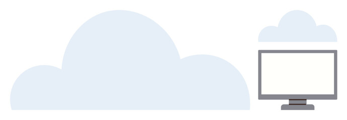 Large cloud shape next to a computer monitor representing digital storage, online services, and cloud technology. Ideal for technology, connectivity, data storage, remote work, IT services