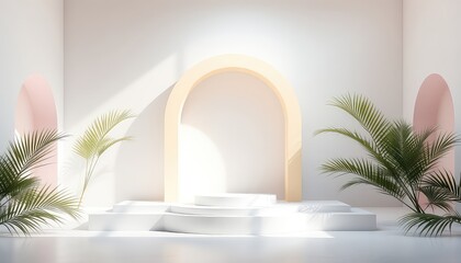 Elegant Stage Featuring White Podium, Pastel Arches, and Palm Fronds for Product Showcase with Abundant Light