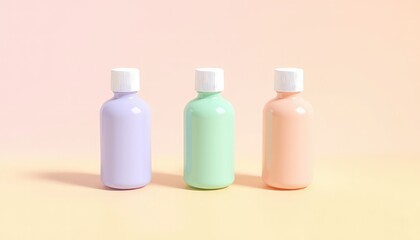 Three simple, pastel colored bottles with white caps are evenly spaced on a soft background