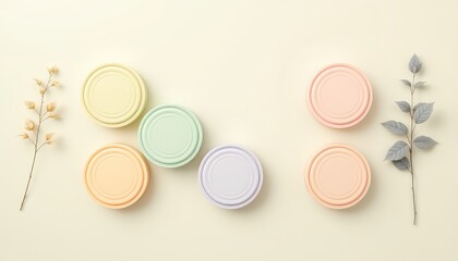 Pastel colored containers and dried flowers arranged on a light background for a soft, minimalist style product display