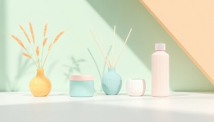 Minimalist Still Life of Pastel Vessels and Botanical Elements Against a Geometric Backdrop