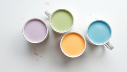 Pastel Colored Drinks in White Mugs Placed on a Flat Surface with Faint Splashes of Color