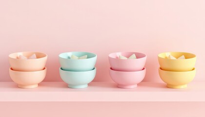 Pastel Bowls Filled with Decorative Triangle Accents Arranged Neatly on a Matching Shelf, Soft Lighting, Conceptual Still Life