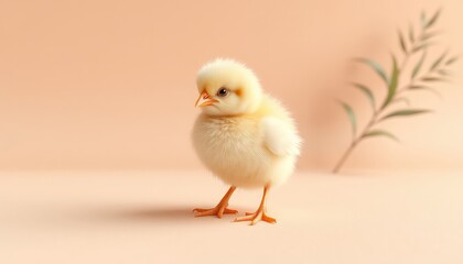 Softly Lit Portrait of a Downy Yellow Chick Standing on a Seamless Pale Background with a Blurry Botanical Accent