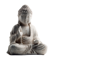 Serene Buddha statue in calm meditative pose embodying inner peace mindfulness and spiritual tranquility isolated on white background