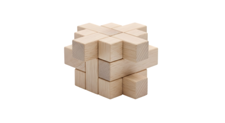 Wooden burr puzzle isolated on transparent background, a classic brain teaser that challenges spatial reasoning and problemsolving skills, perfect for game enthusiasts
