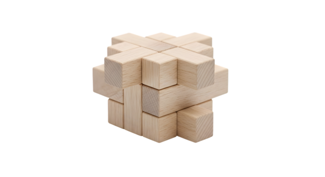 Wooden burr puzzle isolated on transparent background, a classic brain teaser that challenges spatial reasoning and problemsolving skills, perfect for game enthusiasts - Powered by Adobe