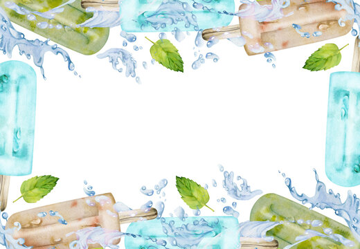 Pistachio and bubble gum popsicle with fresh mint leaves in water splashes and drops. Isolated frame illustration hand drawn in watercolor. Frozen snack menu, fruit pop set, gourmet food blog visuals.
