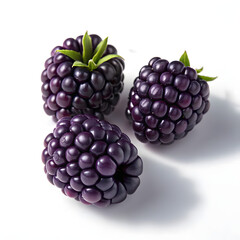 Three Ripe Blackberries with Green Leaves on White Background fruit fresh