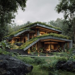 Modern eco-friendly house blends with nature in a lush forest setting under an overcast sky